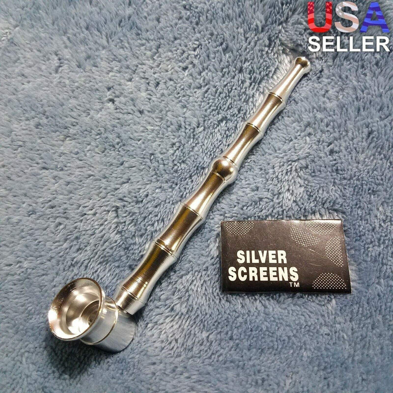 Small Long Silver Bamboo Smoking Pipe Tobacco Herb Portable Metal Travel Size