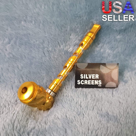 Small Gold Deluxe Smoking Pipe Tobacco Herb Portable Metal Glass Travel Size